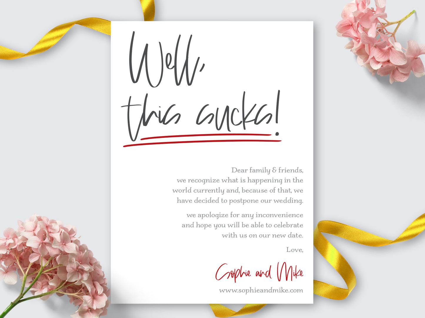 This sucks! FAUX FOIL Wedding Card, Postponed Invitation | Digital Card