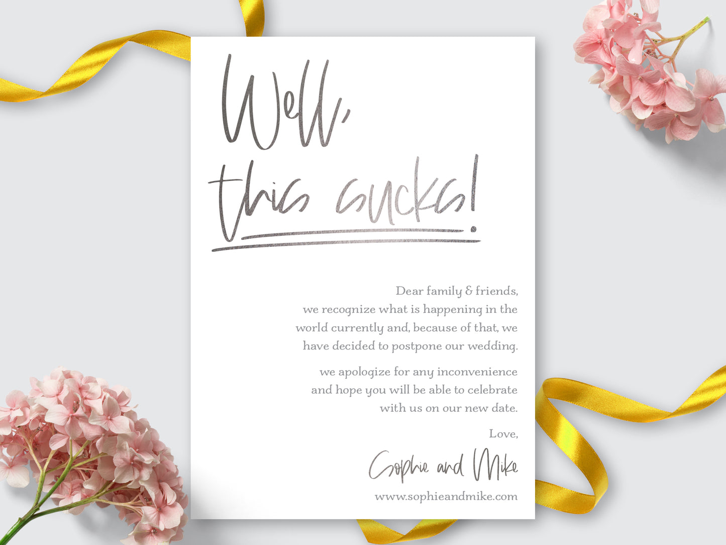 This sucks! FAUX FOIL Wedding Card, Postponed Invitation | Digital Card